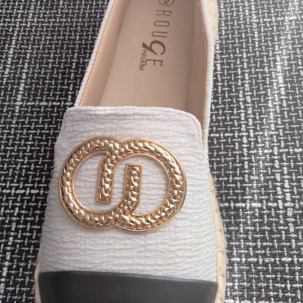 Rouge Helium White and Black Espadrilles with Gold Accent
